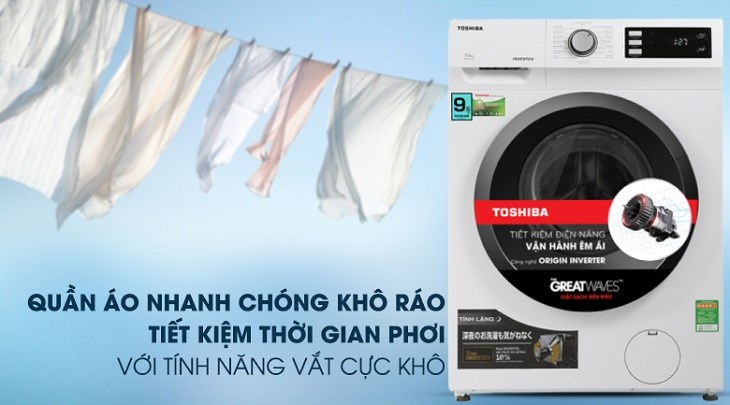 Máy giặt Toshiba Inverter 9.5 Kg TW-BK105S2V(WS) được trang bị tính năng vắt cực khô giúp tiết kiệm thời gian phơi quần áo