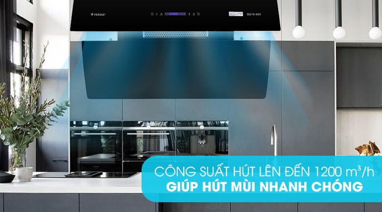 Máy hút mùi kính vát Pramie DE19-900 có công suất hút 1200 m3/h, hoạt động với động cơ Turbo Booster siêu khỏe, cho tốc độ hút và xử lý mùi nhanh chóng và hiệu quả.