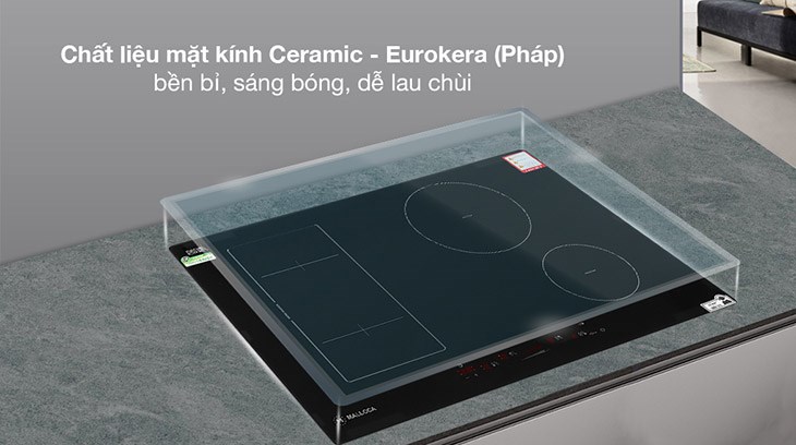 Bếp từ 4 vùng nấu lắp âm Malloca MH-04I BM có mặt bếp làm từ chất liệu kính Ceramic - Eurokera (Pháp) đen bóng, chịu lực, chịu nhiệt tốt