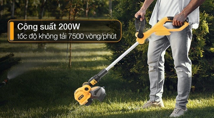 Máy cắt cỏ pin Tolsen 87372 20V sử dụng lưỡi cắt cỏ dạng cước cho khả năng cắt cỏ ở những địa hình gồ ghề hoặc nhỏ hẹp linh hoạt