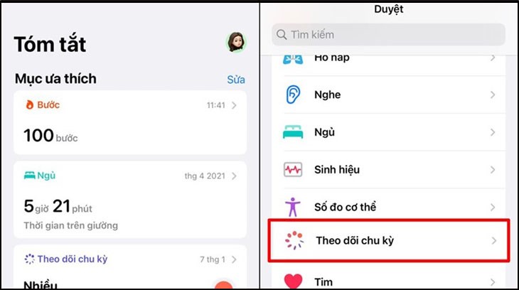 Chọn tiếp Theo dõi chu kỳ (Cycle Tracking)