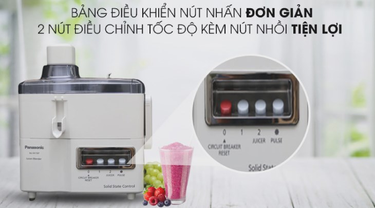 Máy xay ép đa năng Panasonic MJ-M176PWRA có công suất 230W được điều khiển bằng nút nhấn, giúp bạn xay ép thực phẩm nhanh chóng