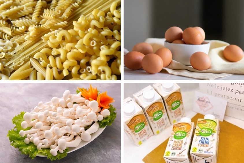 Nui xào trứng cho bé với nấm kết hợp cùng kem tươi 