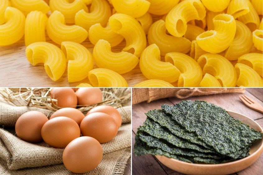 Nui xào trứng cho bé nấu cùng rong biển