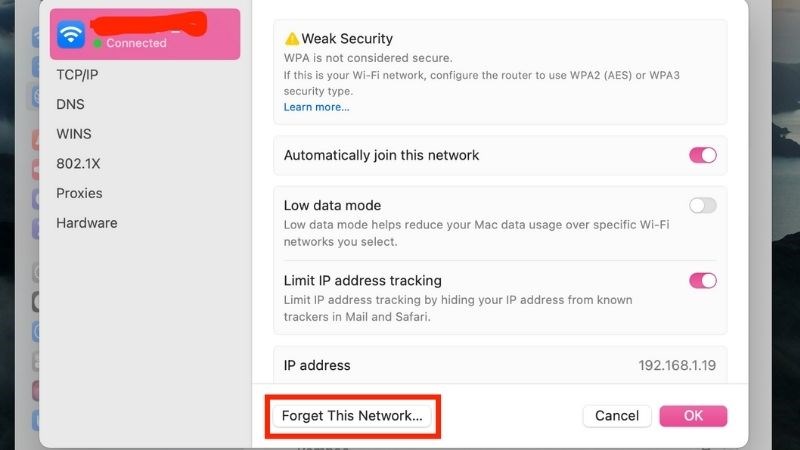 Nhấp vào Forget This Network (Quên mạng này) Nhấp vào Forget This Network (Quên mạng này)