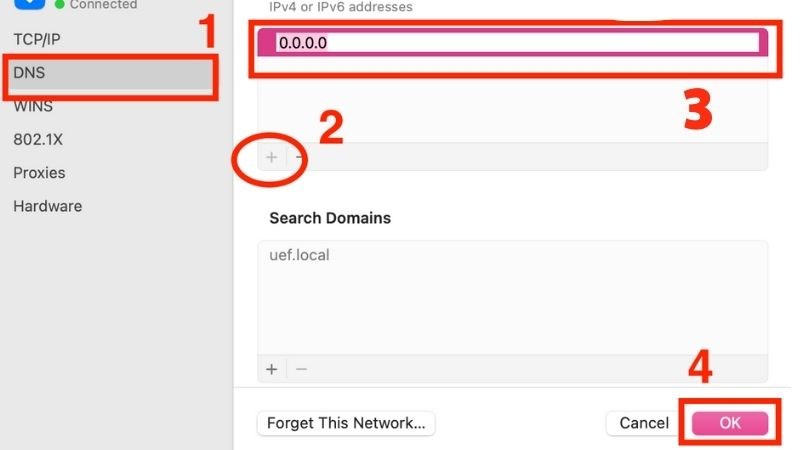 Chọn DNS, nhấn vào (+) > Nhập địa chỉ IP > Nhấn OK Chọn DNS, nhấn vào (+) > Nhập địa chỉ IP > Nhấn OK