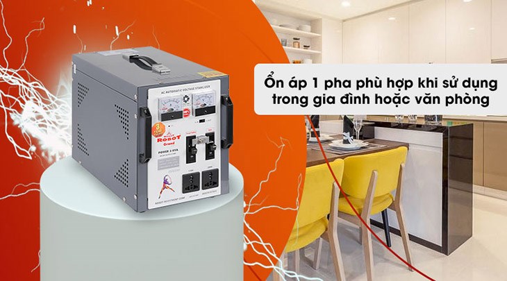 Ổn áp Robot 1 pha 3KVA 140 thích hợp dùng để ổn định lưới điện văn phòng, gia đình