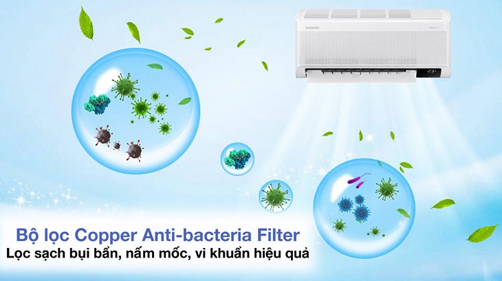 Máy lạnh Samsung Inverter 1 HP AR10CYHAAWKNSV trang bị bộ lọc Copper Anti-bacteria Filter có khả năng lọc bụi hiệu quả, mang đến không gian trong lành