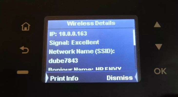 Địa chỉ IP của máy in có thể được hiển thị ở đầu hộp thoại cài đặt mạng