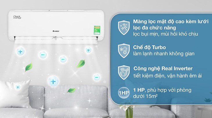 Máy lạnh Gree Inverter 1 HP CHARM9CI nổi bật với các công nghệ như Real Inverter, tự làm sạch G-Clean hạn chế nấm mốc