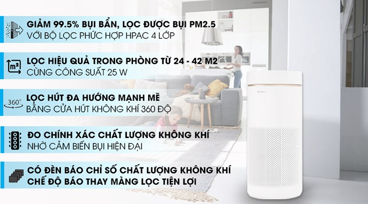 Máy lọc không khí Gree GCF350ASNA 25W sở hữu thiết kế nhỏ gọn, màu trắng tinh tế