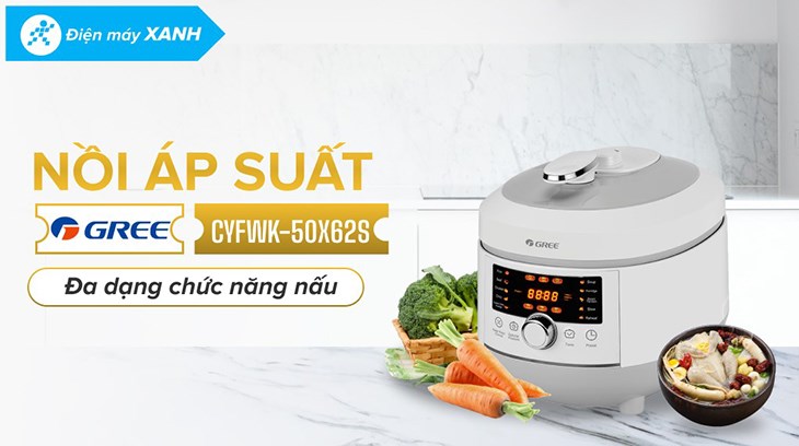 Nồi áp suất điện Gree CYFWK-50X62S 5 lít có 11 chức năng nấu ăn như nấu cháo, nấu cơm,... giúp đa dạng hóa các món ăn hàng ngày