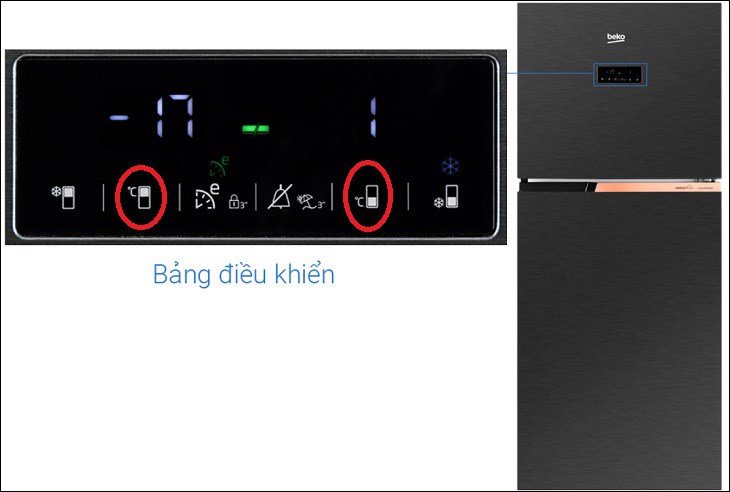 Nhấn và giữ 2 nút điều chỉnh nhiệt độ ở ngăn đá và ngăn mát cho đến khi nghe tiếng bíp