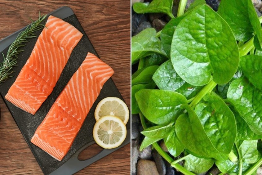 Cháo cá hồi khoai lang cho bé với rau mồng tơi 