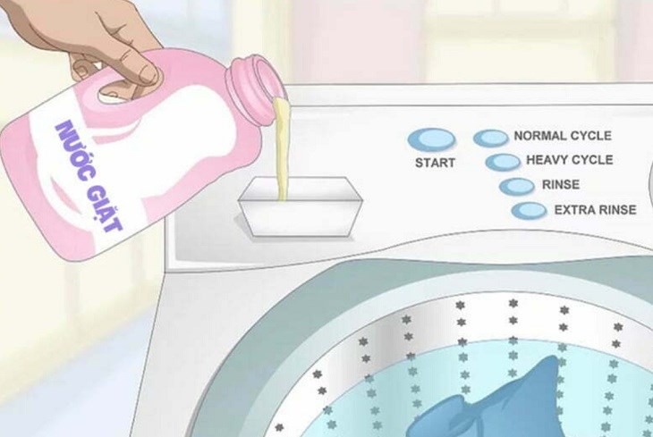 Đổ lượng nước giặt vào ngăn chứa sao cho phù hợp với khối lượng quần áo cần giặt