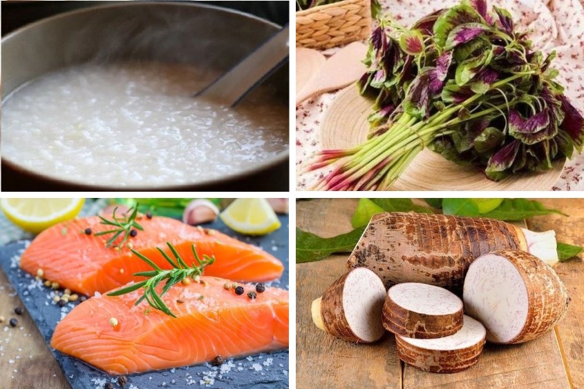 Nguyên liệu chính để làm món cháo cá hồi rau dền cho bé với khoai sọ