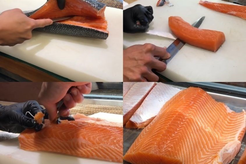 Sơ chế cá hồi cho món cháo cá hồi rong biển cho bé