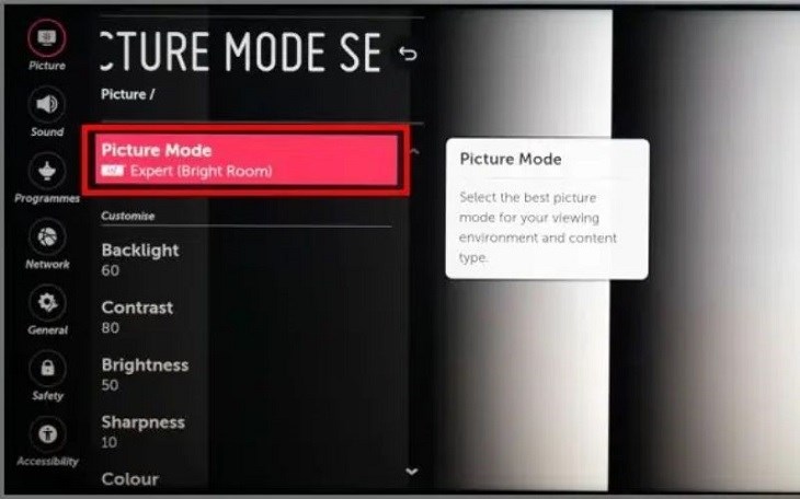 Điều chỉnh độ sáng màn hình Smart tivi LG trong chế độ Picture Mode