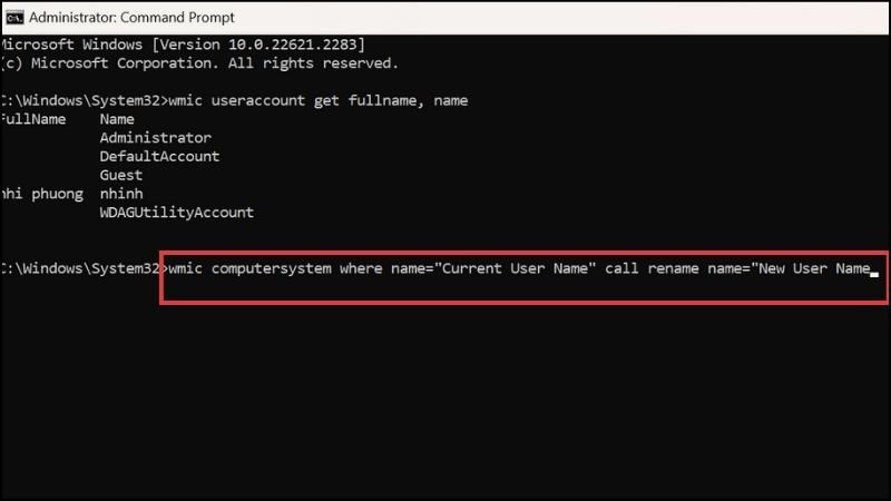 Bạn copy và dán dòng lệnh “wmic useraccount get fullname, name”