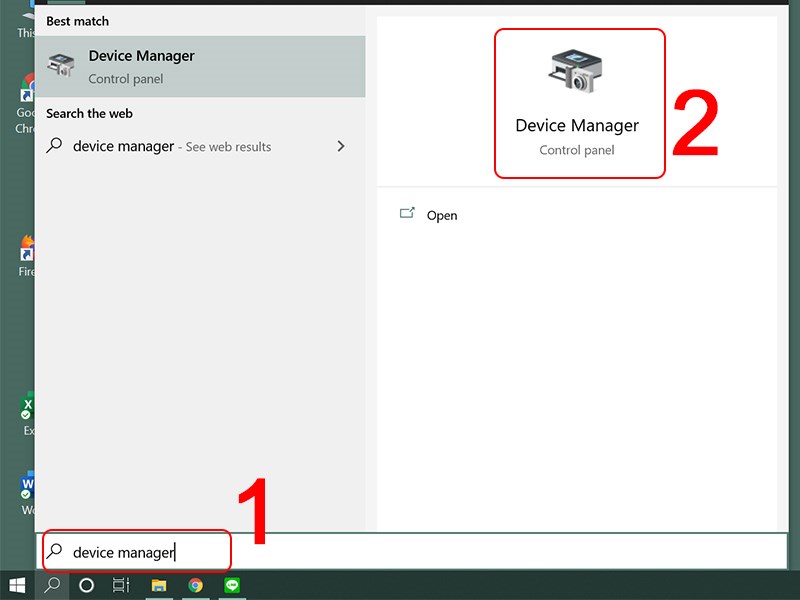 Chọn biểu tượng Tìm kiếm và nhập device manager > Chọn ứng dụng Device Manager