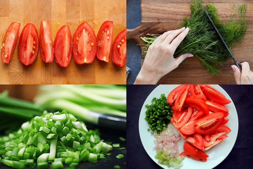 Sơ chế cà chua, hành lá và thì là Cá lóc nấu canh gì cho bé ăn dặm bổ dưỡng