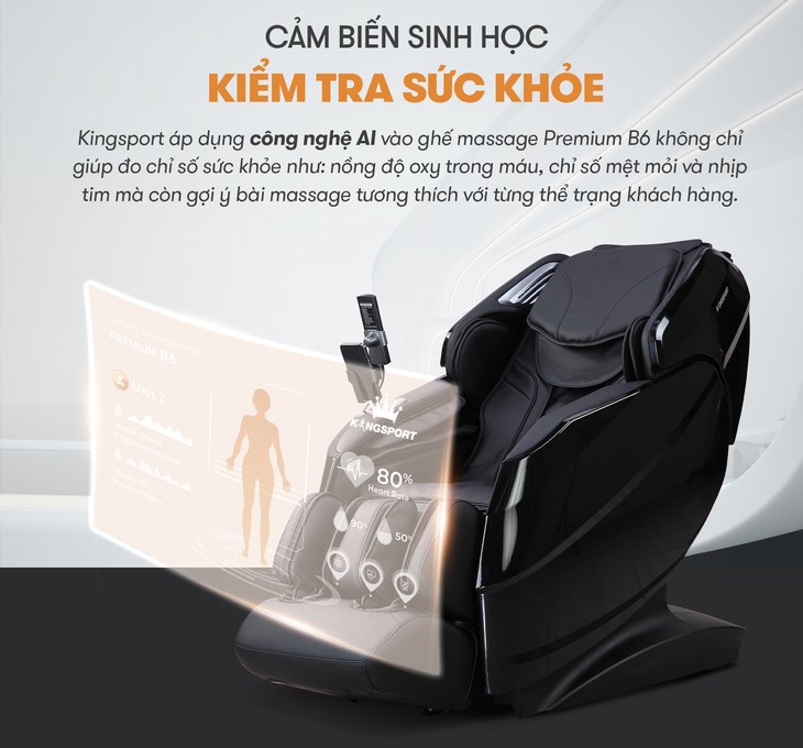 Ghế massage KingSport được trang bị cảm biến sinh học kiểm tra sức khỏe giúp người dùng dễ dàng theo dõi các chỉ số sức khỏe 