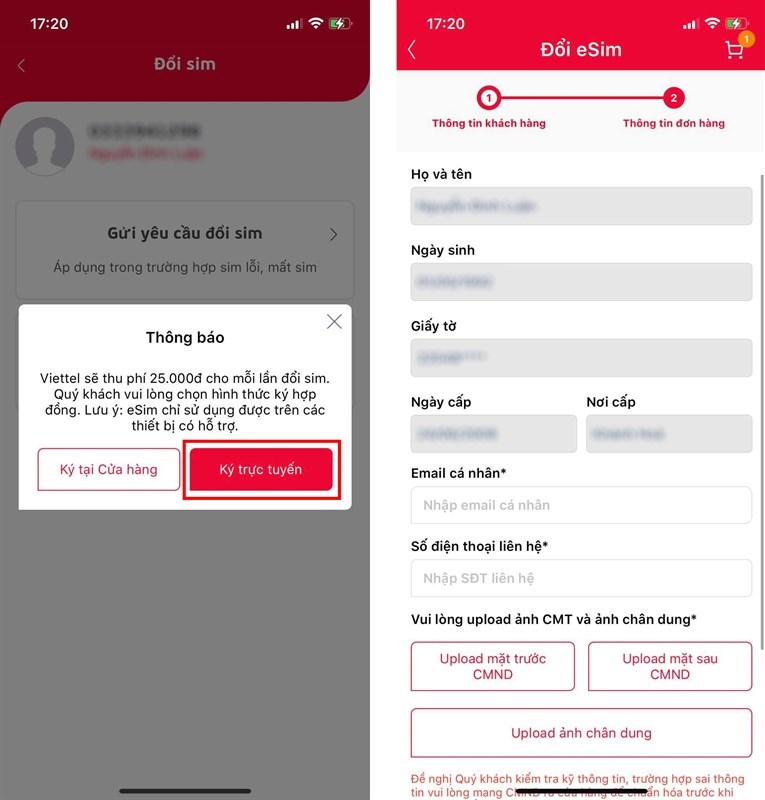 Người dùng chỉ cần hoàn thành điền thông tin để đổi eSIM Viettel của mình