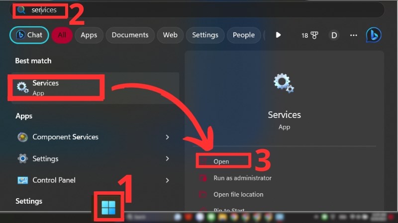 Chọn biểu tượng Windows > Tìm từ khóa Services > Chọn Open