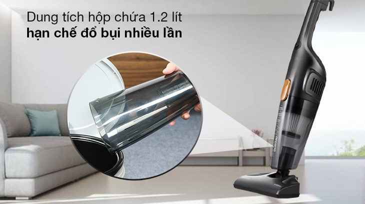 Máy hút bụi cầm tay Deerma DX115C có dung tích hộp chứa bụi 1.2 lít nên bạn không cần tốn công sức đổ bụi nhiều lần