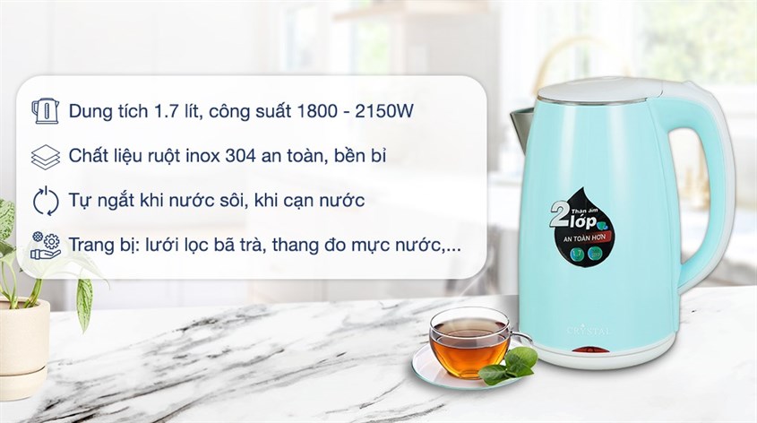Bình đun siêu tốc Crystal 1.7 lít D1017 hỗ trợ người dùng đun nước nhanh chóng mà vẫn đảm bảo an toàn