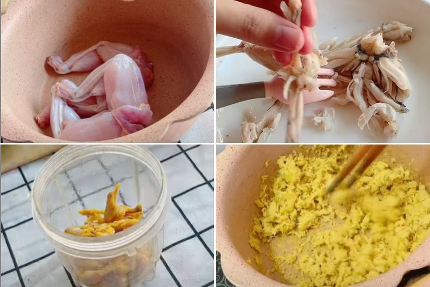 Làm ruốc ếch ăn kèm với cháo ếch mồng tơi cho bé