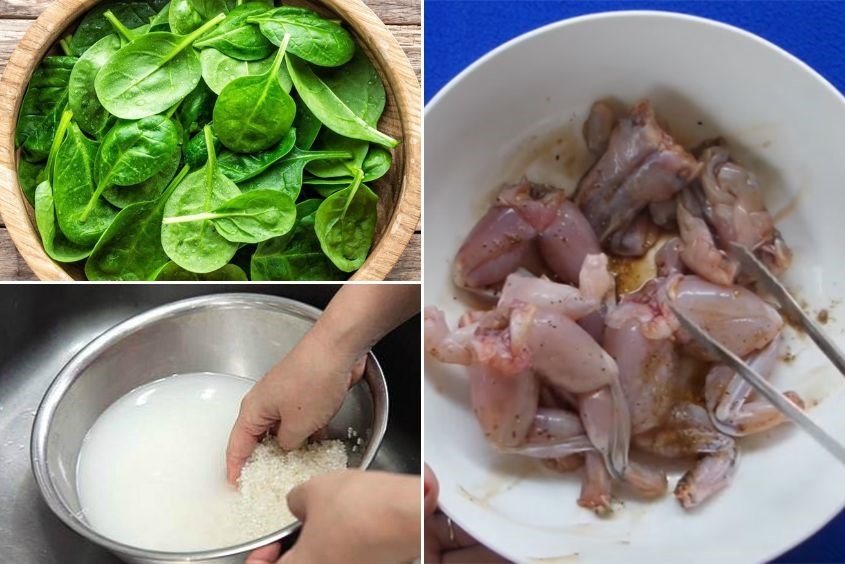 Sơ chế các nguyên liệu món cháo ếch mồng tơi cho bé