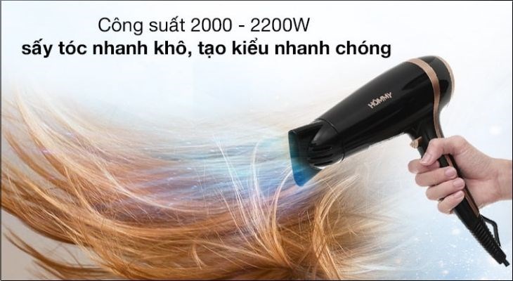 Máy sấy tóc Hommy KF-3122 sở hữu công suất 2000-2200W giúp sấy tóc nhanh khô với công suất lên đến 2200W