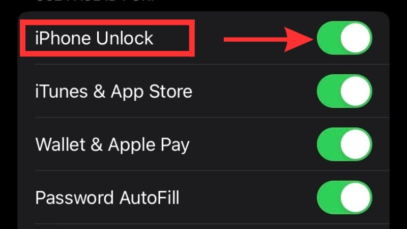Bật lại tính năng iPhone Unlock (Mở khóa iPhone bằng Face ID) bằng cách gạt công tắc sang phải.
