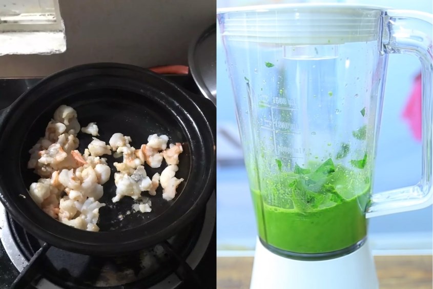 Xào sơ tôm và xay nhuyễn rau ngót cùng đậu xanh Chế biến cháo tôm rau ngót cho bé ăn dặm