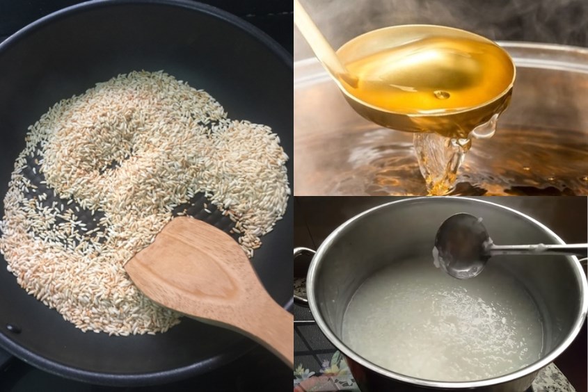 Rang gạo cho vàng và ninh nhừ cùng với nước dùng Nấu cháo tôm rau ngót cho bé ăn dặm
