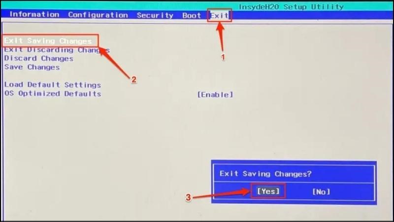 Chọn Exit Saving Changes > Xác nhận Yes > Nhấn Enter 