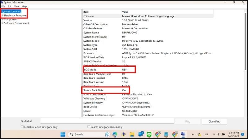 Kiểm tra 2 mục BIOS Mode và Secure Boot State