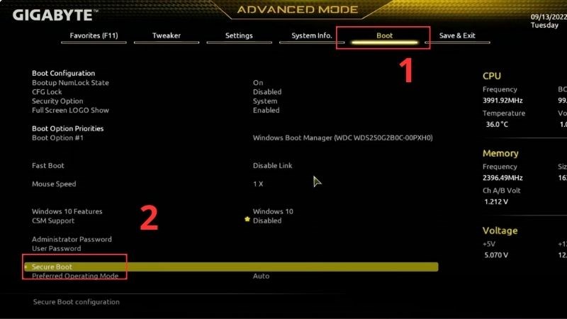 Nhấn chọn vào Secure Boot
