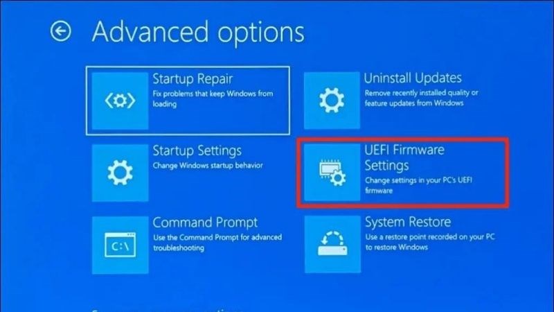 Tại Advanced Options, chọn UEFI Firmware Settings