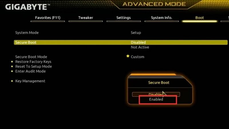 Chọn Enabled để kích hoạt Secure Boot
