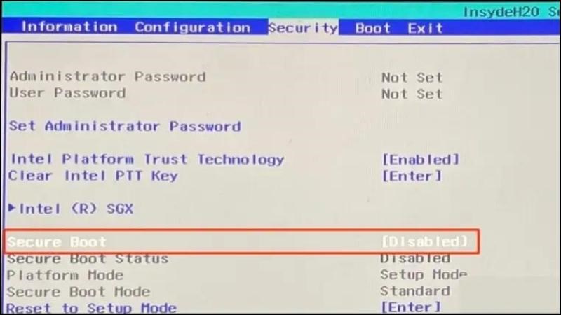 Đi tới phần Security > Xác định tùy chọn Secure Boot
