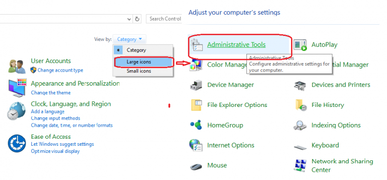 Bạn mở Control Panel chuyển sang chế độ Large icons và chọn Administrative Tools