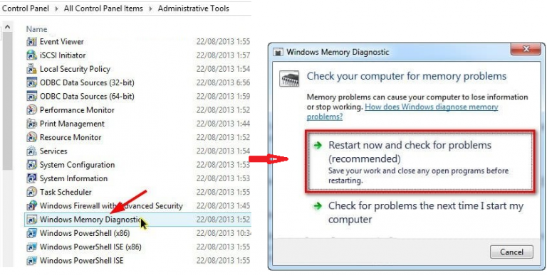 Bạn chọn Windows Memory Diagnostic rồi click vào Restart now and check for problenms (recommend)