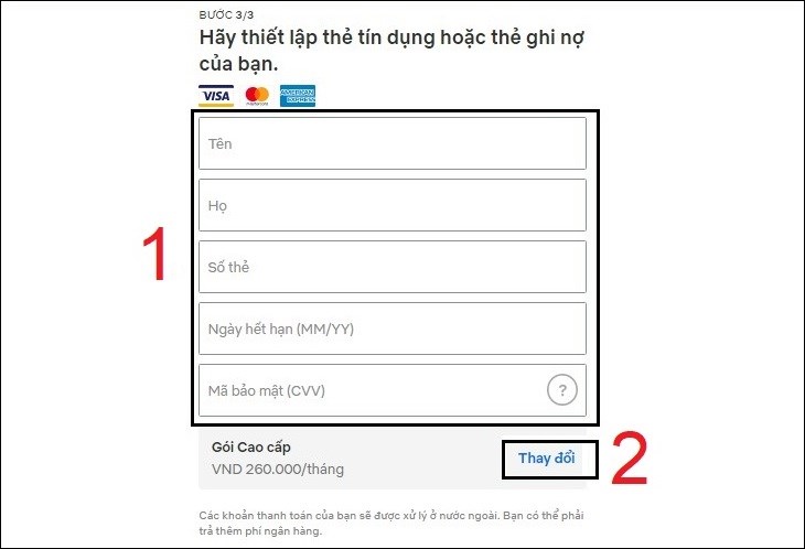 Điền thông tin phương thức thanh toán gói dịch vụ Netflix đã chọn