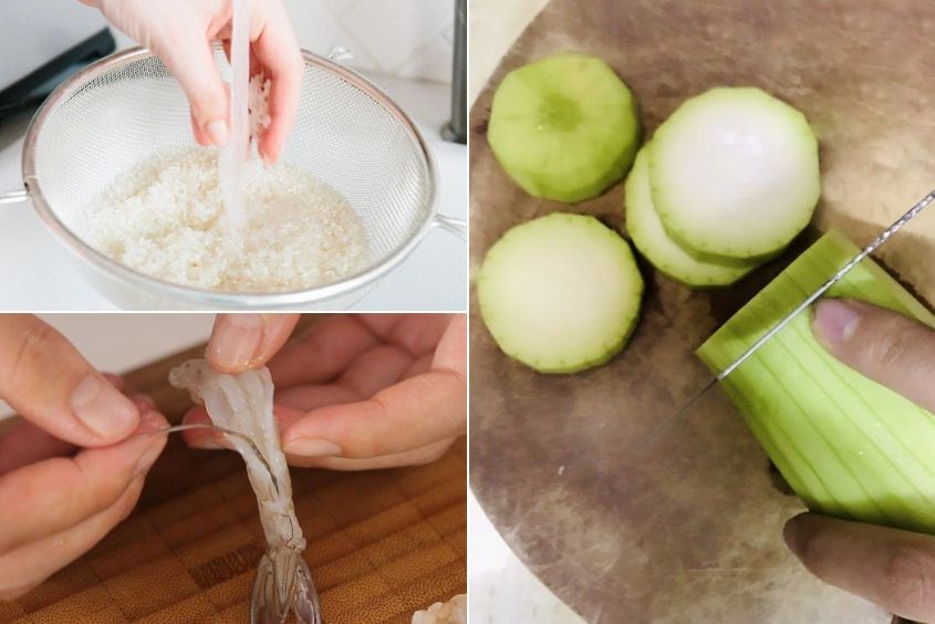 Sơ chế nguyên liệu món cháo tôm bầu cho bé