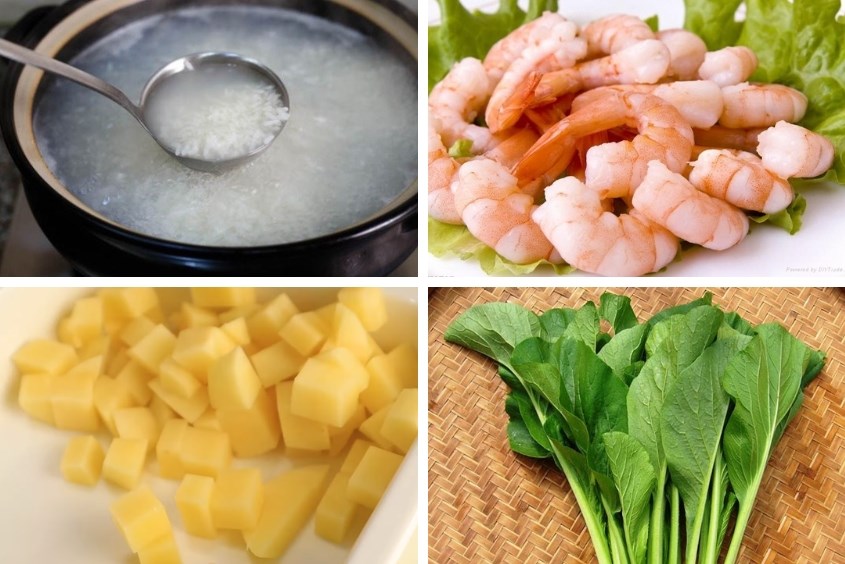 Cháo tôm khoai tây cho bé với rau cải 