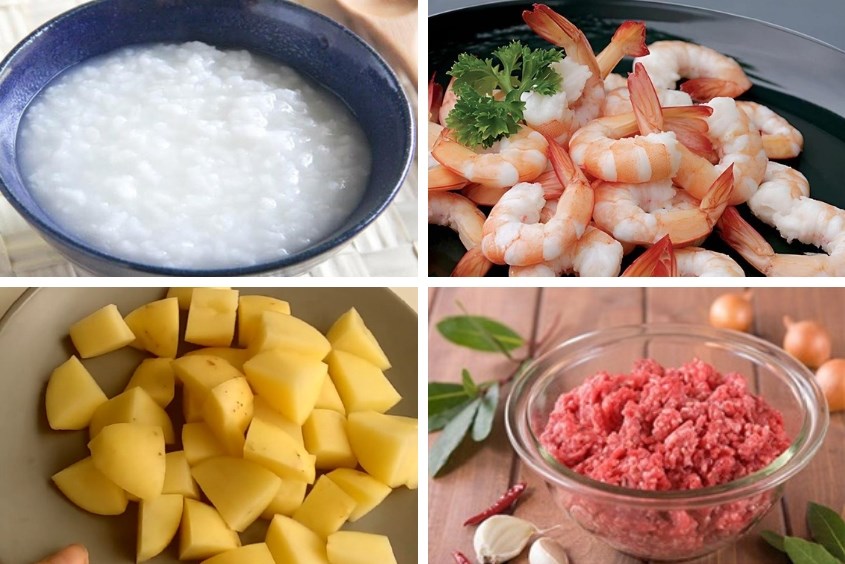 Cháo tôm khoai tây cho bé với thịt heo 
