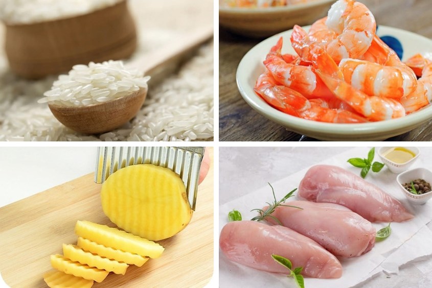 Kết hợp thịt gà với cháo tôm khoai tây cho bé