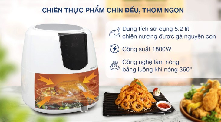 Nồi chiên không dầu Lock&Lock EJF357WHT 5.2 lít có công suất 1800W, giúp tiết kiệm tối đa thời gian chiên và nướng thực phẩm
